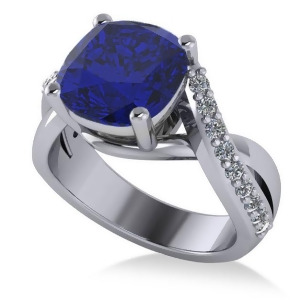 Twisted Cushion Blue Sapphire Engagement Ring 14k White Gold 4.16ct - All