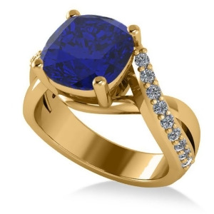 Twisted Cushion Blue Sapphire Engagement Ring 14k Yellow Gold 4.16ct - All