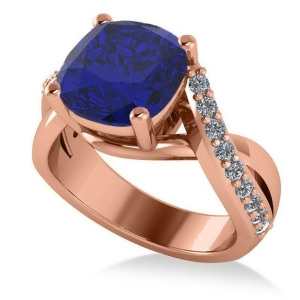 Twisted Cushion Blue Sapphire Engagement Ring 14k Rose Gold 4.16ct - All