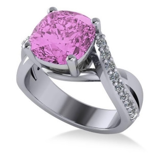 Twisted Cushion Pink Sapphire Engagement Ring 14k White Gold 4.16ct - All