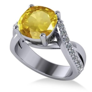Twisted Cushion Yellow Sapphire Engagement Ring 14k White Gold 4.16ct - All