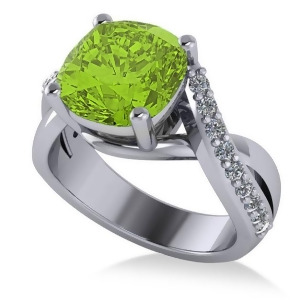 Twisted Cushion Peridot Engagement Ring 14k White Gold 4.16ct - All
