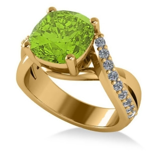 Twisted Cushion Peridot Engagement Ring 14k Yellow Gold 4.16ct - All
