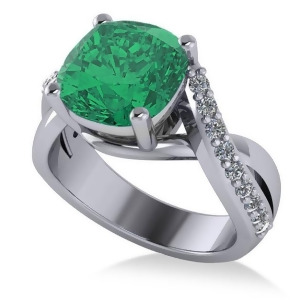 Twisted Cushion Emerald Engagement Ring 14k White Gold 4.16ct - All
