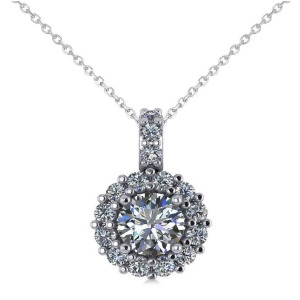 Round Diamond Halo Pendant Necklace 14k White Gold 0.80ct - All