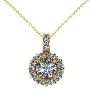 Round Diamond Halo Pendant Necklace 14k Yellow Gold 0.80ct - All