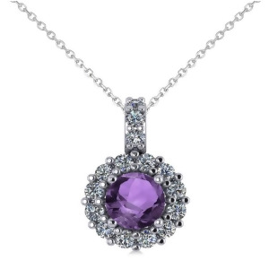 Round Amethyst and Diamond Halo Pendant Necklace 14k White Gold 0.70ct - All