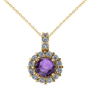 Round Amethyst and Diamond Halo Pendant Necklace 14k Yellow Gold 0.70ct - All