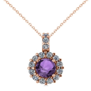 Round Amethyst and Diamond Halo Pendant Necklace 14k Rose Gold 0.70ct - All