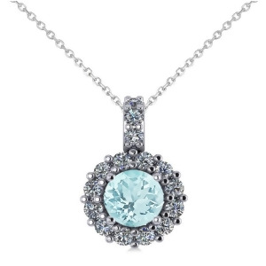 Round Aquamarine and Diamond Halo Pendant Necklace 14k White Gold 0.75ct - All