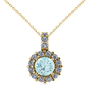 Round Aquamarine and Diamond Halo Pendant Necklace 14k Yellow Gold 0.75ct - All