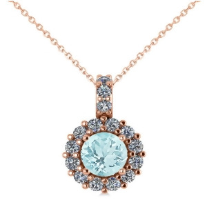 Round Aquamarine and Diamond Halo Pendant Necklace 14k Rose Gold 0.75ct - All