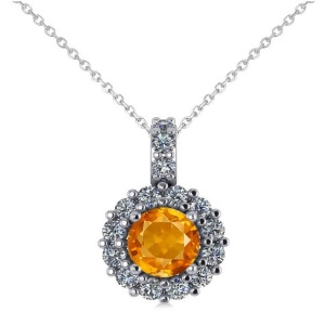 Round Citrine and Diamond Halo Pendant Necklace 14k White Gold 0.70ct - All