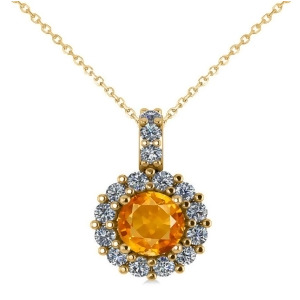 Round Citrine and Diamond Halo Pendant Necklace 14k Yellow Gold 0.70ct - All