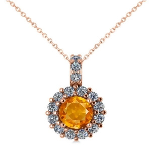 Round Citrine and Diamond Halo Pendant Necklace 14k Rose Gold 0.70ct - All