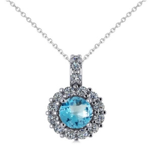 Round Blue Topaz and Diamond Halo Pendant Necklace 14k White Gold 0.86ct - All