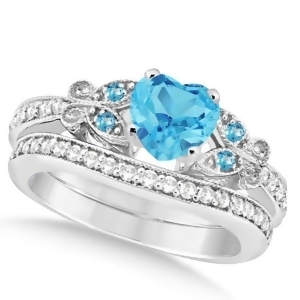 Butterfly Blue Topaz and Diamond Heart Bridal Set 14k W Gold 1.95ct - All