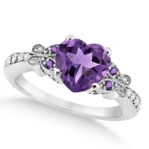 Butterfly Amethyst and Diamond Heart Engagement Ring 14K W Gold 2.48ct - All