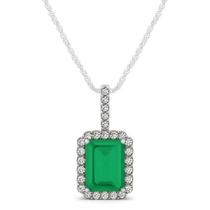 Diamond and Emerald-Cut Emerald Halo Pendant Necklace 14k White Gold 1.09ct - All