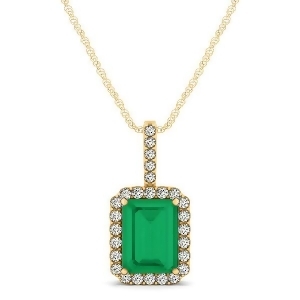 Diamond and Emerald-Cut Emerald Halo Pendant Necklace 14k Yellow Gold 1.09ct - All