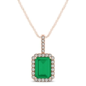 Diamond and Emerald-Cut Emerald Halo Pendant Necklace 14k Rose Gold 1.09ct - All