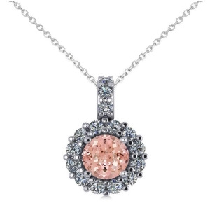 Round Pink Morganite and Diamond Halo Pendant Necklace 14k White Gold 0.70ct - All