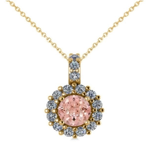Round Pink Morganite and Diamond Halo Pendant Necklace 14k Yellow Gold 0.70ct - All