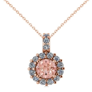 Round Pink Morganite and Diamond Halo Pendant Necklace 14k Rose Gold 0.70ct - All