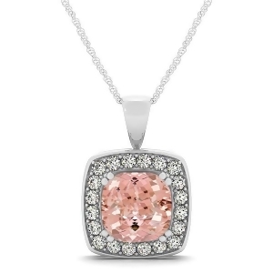 Pink Morganite and Diamond Halo Cushion Pendant Necklace 14k White Gold 1.95ct - All