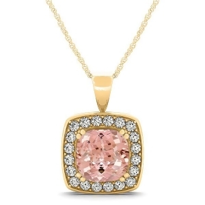 Pink Morganite and Diamond Halo Cushion Pendant Necklace 14k Yellow Gold 1.95ct - All