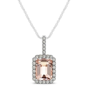 Diamond and Emerald Cut Morganite Halo Pendant Necklace 14k White Gold 1.09ct - All