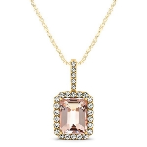 Diamond and Emerald Cut Morganite Halo Pendant Necklace 14k Yellow Gold 1.09ct - All