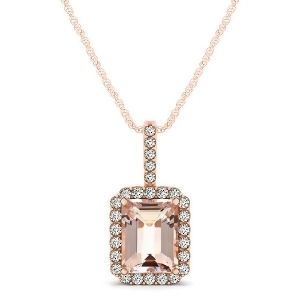 Diamond and Emerald Cut Morganite Halo Pendant Necklace 14k Rose Gold 1.09ct - All