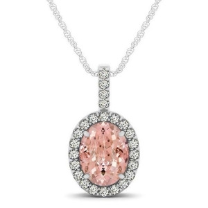 Pink Morganite and Diamond Halo Oval Pendant Necklace 14k White Gold 1.27ct - All