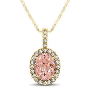 Pink Morganite and Diamond Halo Oval Pendant Necklace 14k Yellow Gold 1.27ct - All
