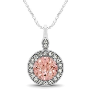 Round Pink Morganite and Diamond Halo Pendant Necklace 14k White Gold 1.85ct - All