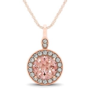 Round Pink Morganite and Diamond Halo Pendant Necklace 14k Rose Gold 1.85ct - All