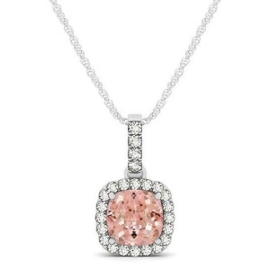 Pink Morganite and Diamond Halo Cushion Pendant Necklace 14k White Gold 0.76ct - All