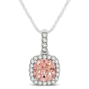 Pink Morganite and Diamond Halo Cushion Pendant Necklace 14k White Gold 1.96ct - All