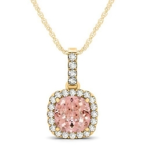 Pink Morganite and Diamond Halo Cushion Pendant Necklace 14k Yellow Gold 1.96ct - All