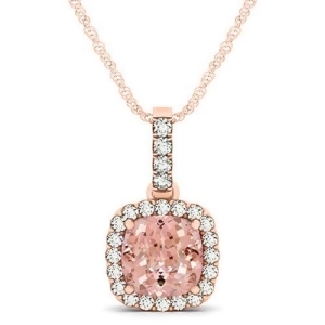 Pink Morganite and Diamond Halo Cushion Pendant Necklace 14k Rose Gold 1.96ct - All