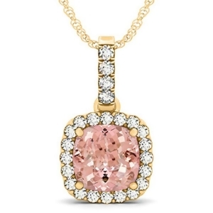 Pink Morganite and Diamond Halo Cushion Pendant Necklace 14k Yellow Gold 4.05ct - All