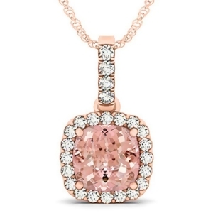 Pink Morganite and Diamond Halo Cushion Pendant Necklace 14k Rose Gold 4.05ct - All