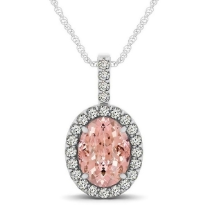 Pink Morganite and Diamond Halo Oval Pendant Necklace 14k White Gold 2.82ct - All
