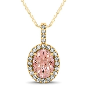 Pink Morganite and Diamond Halo Oval Pendant Necklace 14k Yellow Gold 2.82ct - All