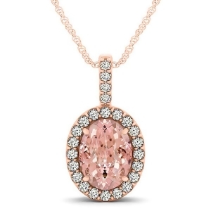 Pink Morganite and Diamond Halo Oval Pendant Necklace 14k Rose Gold 2.82ct - All