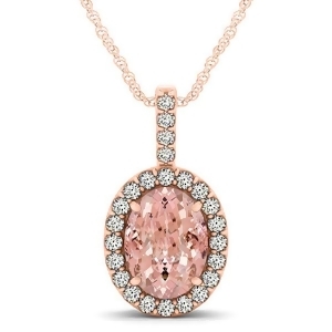 Pink Morganite and Diamond Halo Oval Pendant Necklace 14k Rose Gold 2.82ct - All