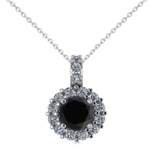 Round Black Diamond and Diamond Halo Pendant Necklace 14k White Gold 0.80ct - All