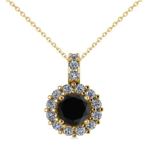 Round Black Diamond and Diamond Halo Pendant Necklace 14k Yellow Gold 0.80ct - All