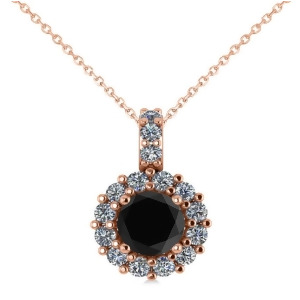 Round Black Diamond and Diamond Halo Pendant Necklace 14k Rose Gold 0.80ct - All